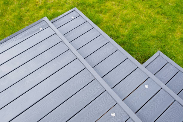 Close up of composite decking boards showing the grain effect and hidden fixings